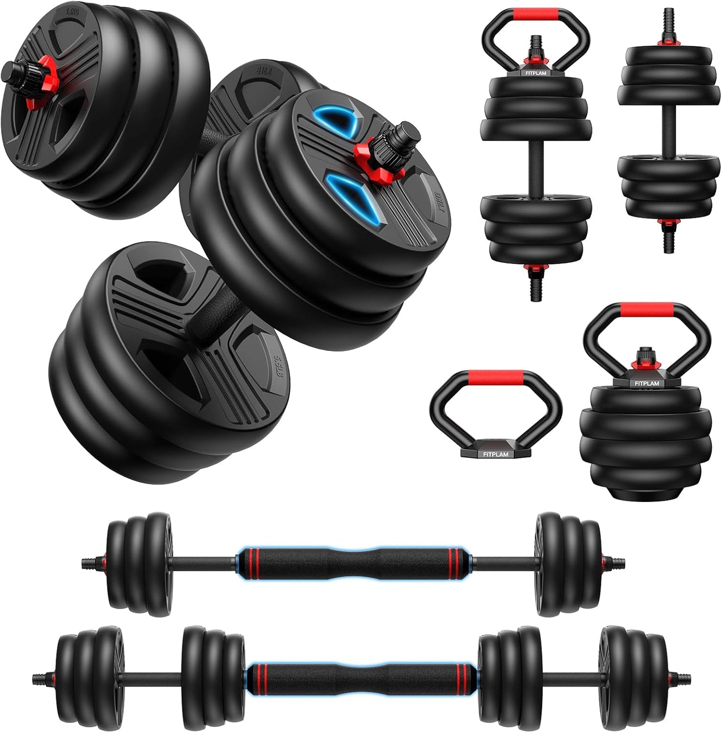 Adjustable Dumbbell Set 5-in-1 (20–90 lbs) Convertible Barbell & Kettlebell Free Weights